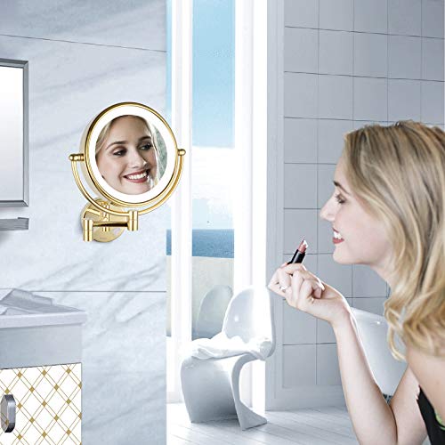 DOWRY 8 Inch Wall Mounted Vanity Makeup Mirror with LED Lighted,360 Swivel Double-Sided 10X Magnification Mirror for Bathroom/Bedroom/Hotel,Gold Finish - Image 5