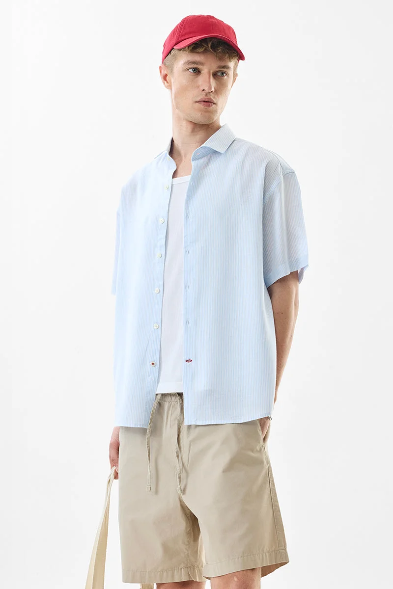 SNITCH Light Blue Striped Half Sleeve Oversized Shirt