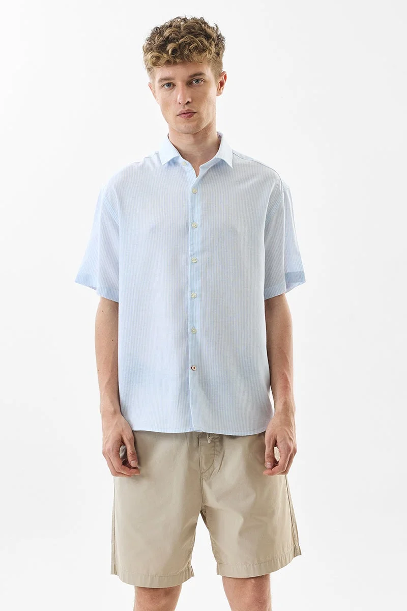 سنيتش Light Blue Striped Half Sleeve Oversized Shirt