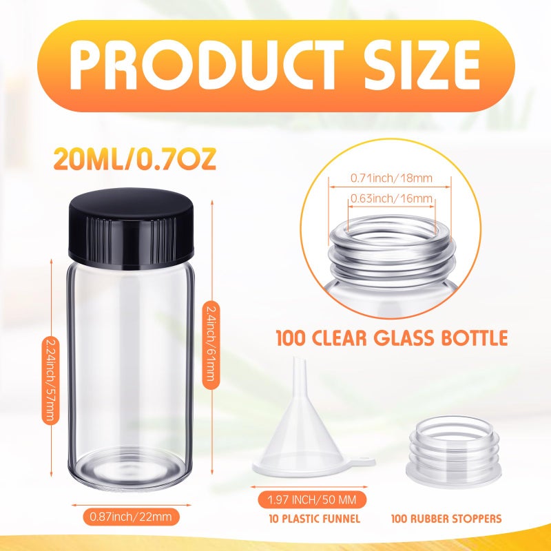 Ziliny 110 Pack 20 ml Glass Vials Clear Small Empty Glass Sample Bottles with Screw Cap Plastic Stoppers, Shims and Plastic Mini Funnels, Sample Leakproof Small Vials Storage Container (20ml) - Image 2