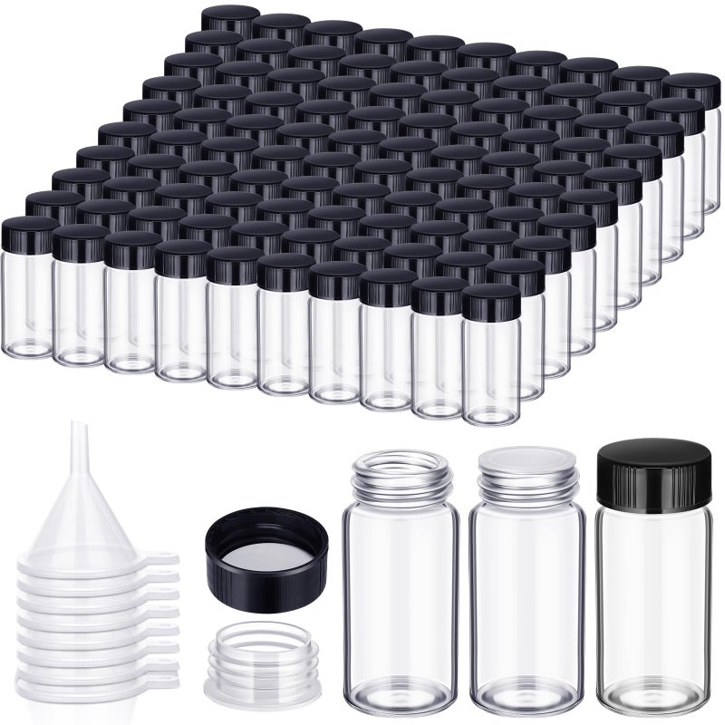 Ziliny 110 Pack 20 ml Glass Vials Clear Small Empty Glass Sample Bottles with Screw Cap Plastic Stoppers, Shims and Plastic Mini Funnels, Sample Leakproof Small Vials Storage Container (20ml) - Image 1