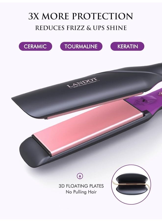 LANDOT Wide Flat Iron for Fast Straightening Thick/Long/Coarse Hair: 1-3/4 Inch Wide Plates, Dual Voltage & Adjustable Heat | Smooths Frizz, Delivers Sleek Shiny Results, Ceramic Plates for Thick, Long & Coarse Hair,12 Temps 250-450°F, 25s Fast Heat - Image 2