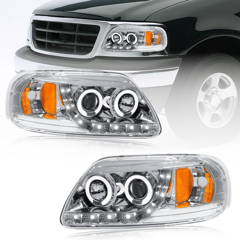 Fullux LED Headlights Compatible with 1997-2004 Ford F150 / 1997-1999 F250 / 1997-2002 Expedition Replacements Headlamp Amber Reflector Chrome Housing - Image 1
