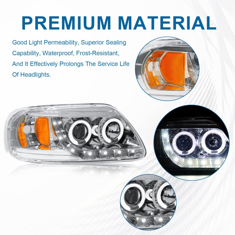 Fullux LED Headlights Compatible with 1997-2004 Ford F150 / 1997-1999 F250 / 1997-2002 Expedition Replacements Headlamp Amber Reflector Chrome Housing - Image 3