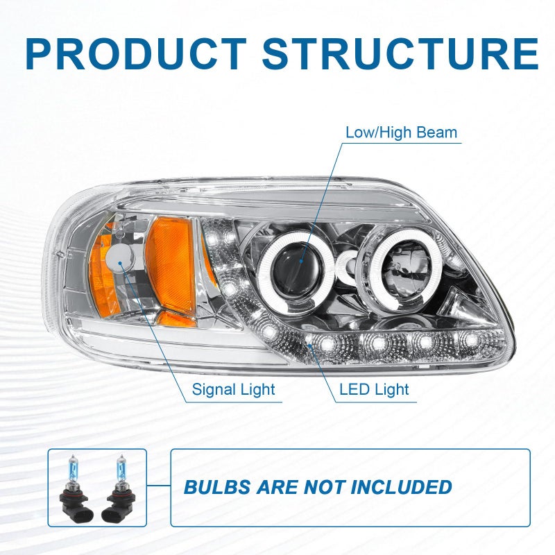 Fullux LED Headlights Compatible with 1997-2004 Ford F150 / 1997-1999 F250 / 1997-2002 Expedition Replacements Headlamp Amber Reflector Chrome Housing - Image 4