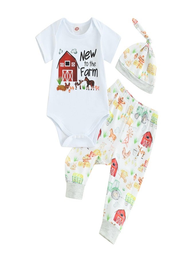 Karuedoo Newborn Baby Boy Farm Outfit Letter Print Romper Animal/Tractor Print Long Pants with Hat 3Pcs Country Outfits Set(A-White, 3-6 Months) - Image 1