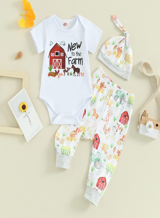 Karuedoo Newborn Baby Boy Farm Outfit Letter Print Romper Animal/Tractor Print Long Pants with Hat 3Pcs Country Outfits Set(A-White, 3-6 Months) - Image 3