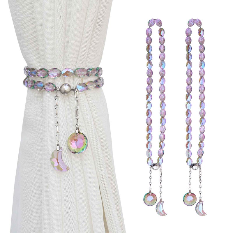 PEDOBO Magnetic Curtain Tiebacks, 2 Pack Crystal Beaded Sun & Moon Pendants Sheers/Draperies Holdbacks for Window Home Office Decor (Purple) - Image 1
