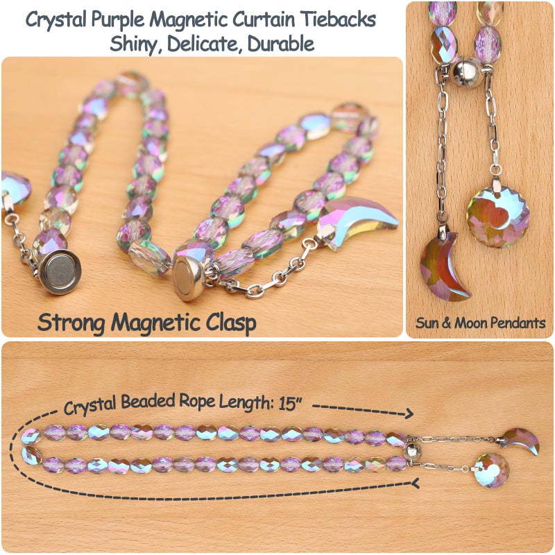 PEDOBO Magnetic Curtain Tiebacks, 2 Pack Crystal Beaded Sun & Moon Pendants Sheers/Draperies Holdbacks for Window Home Office Decor (Purple) - Image 3