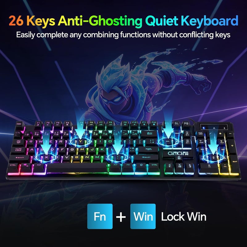 CHONCHOW Gaming Keyboard Mouse Mousepad and Headset with mic Combo All in One USB Wired RGB Backlit Rainbow Side Button Gamer Bundle Set Compatible with PC Windows Xbox one PS4 PS5(Black) - Image 4