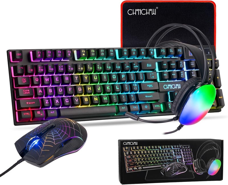 CHONCHOW Gaming Keyboard Mouse Mousepad and Headset with mic Combo All in One USB Wired RGB Backlit Rainbow Side Button Gamer Bundle Set Compatible with PC Windows Xbox one PS4 PS5(Black) - Image 1