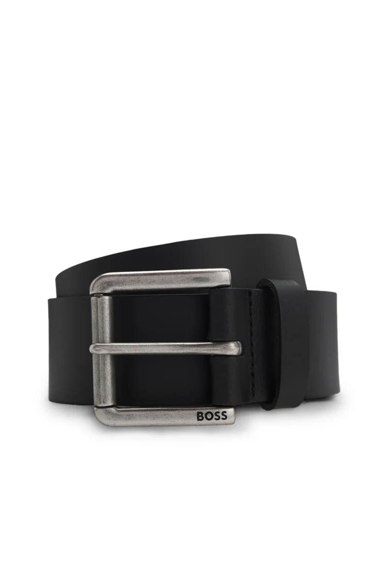 Smooth-leather belt with logo-engraved roller buckle
