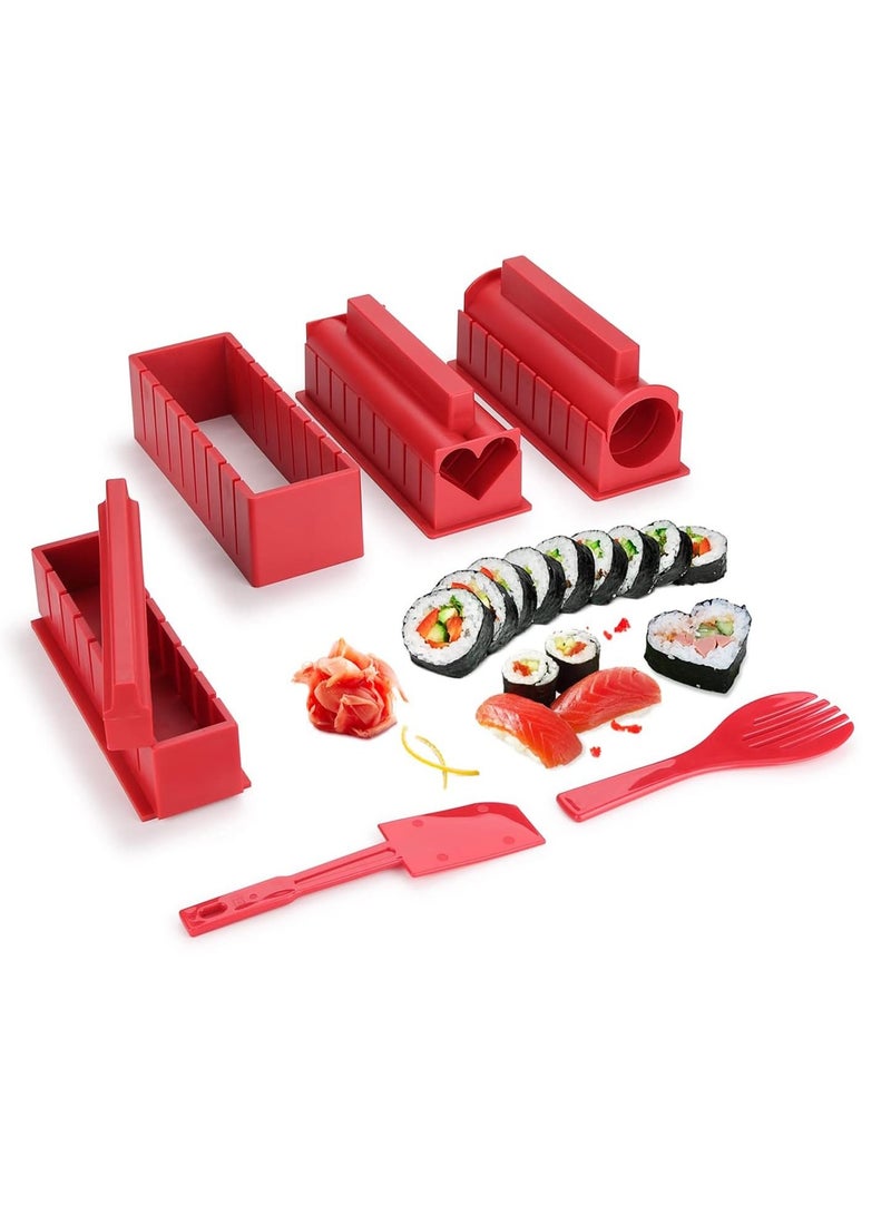 طقم صنع السوشي 10 قطعة أدوات صنع السوشي DIY للمبتدئين، مجموعة كاملة من أدوات صنع السوشي البلاستيكية مع 4 قوالب لف السوشي مربعة، دائرية، على شكل قلب، سكين ساشيمي، أداة صنع سوشي نورى، أدوات مطبخ للطهي باللون الأحمر - Image 1