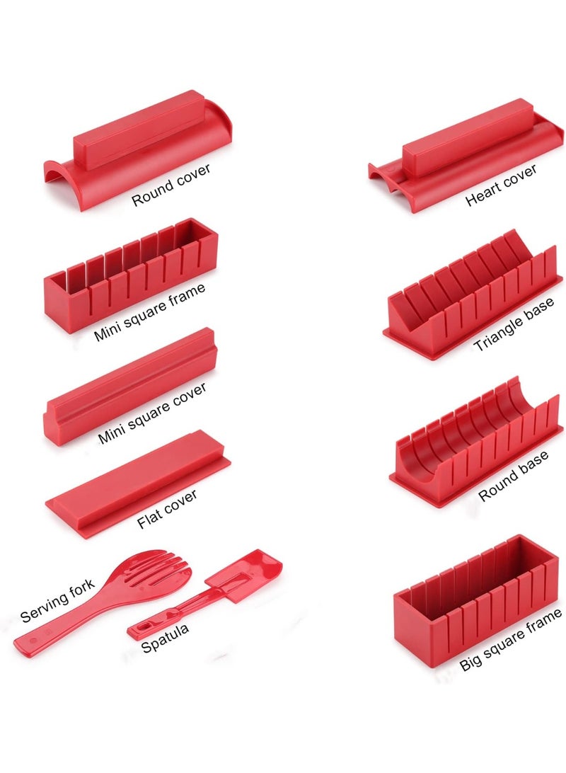طقم صنع السوشي 10 قطعة أدوات صنع السوشي DIY للمبتدئين، مجموعة كاملة من أدوات صنع السوشي البلاستيكية مع 4 قوالب لف السوشي مربعة، دائرية، على شكل قلب، سكين ساشيمي، أداة صنع سوشي نورى، أدوات مطبخ للطهي باللون الأحمر - Image 2