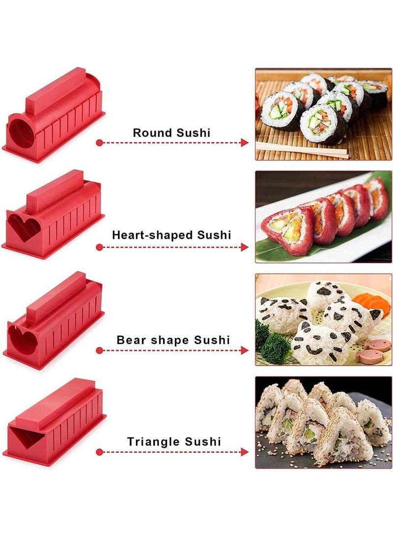 طقم صنع السوشي 10 قطعة أدوات صنع السوشي DIY للمبتدئين، مجموعة كاملة من أدوات صنع السوشي البلاستيكية مع 4 قوالب لف السوشي مربعة، دائرية، على شكل قلب، سكين ساشيمي، أداة صنع سوشي نورى، أدوات مطبخ للطهي باللون الأحمر - Image 3