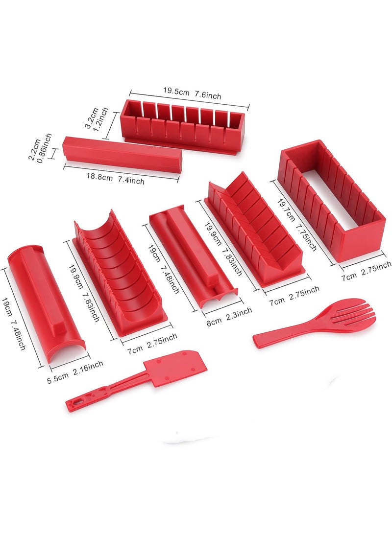 طقم صنع السوشي 10 قطعة أدوات صنع السوشي DIY للمبتدئين، مجموعة كاملة من أدوات صنع السوشي البلاستيكية مع 4 قوالب لف السوشي مربعة، دائرية، على شكل قلب، سكين ساشيمي، أداة صنع سوشي نورى، أدوات مطبخ للطهي باللون الأحمر - Image 4