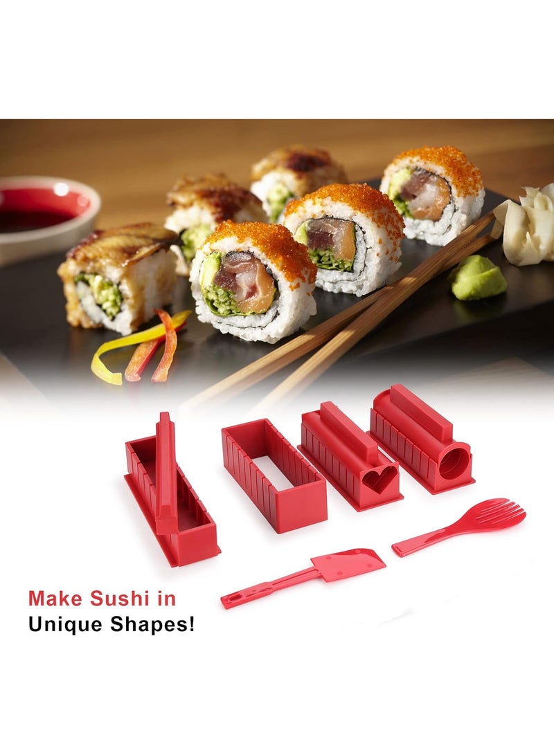 طقم صنع السوشي 10 قطعة أدوات صنع السوشي DIY للمبتدئين، مجموعة كاملة من أدوات صنع السوشي البلاستيكية مع 4 قوالب لف السوشي مربعة، دائرية، على شكل قلب، سكين ساشيمي، أداة صنع سوشي نورى، أدوات مطبخ للطهي باللون الأحمر - Image 5