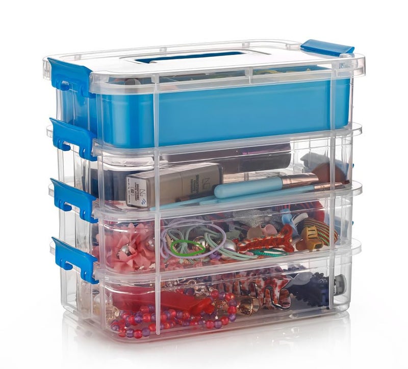 flymore 4 Layer Plastic Storage Containers with Lids, Multipurpose Clear Stack & Carry Box, Portable Craft Organizers, and Storage Bin for Organizing Arts & Crafts, Sewing, stationery box (Pack Of 4) - Image 1