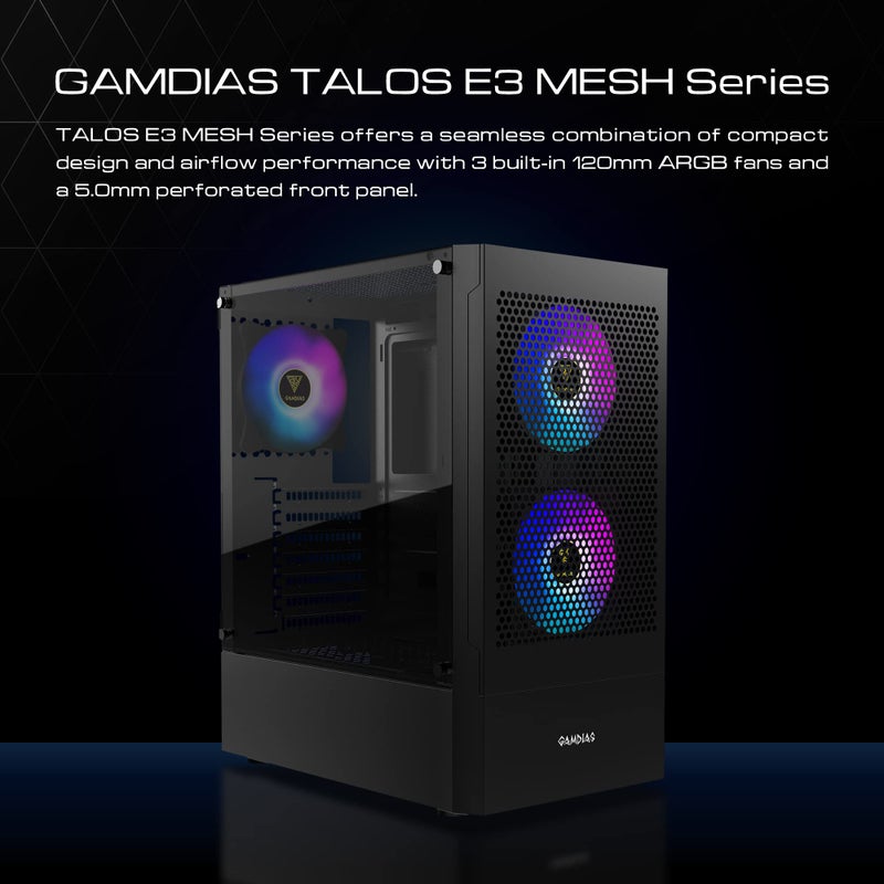 GAMDIAS GAMDIAS TALOS E3 MESH Gaming pc case, Mid-Tower ATX Case with Side Tempered Glass Panel and a Magnetic Dust Filter & 3 Built-in 120mm ARGB Fans, Tool-Free Installation, Mesh Front Panel  - Image 2