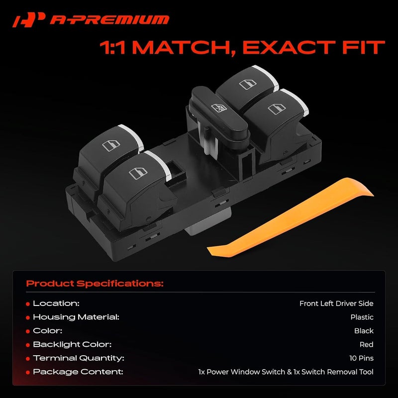 A-Premium Master Power Window Switch Compatible with Volkswagen Jetta 2011-2016, Golf 2010-2013, Tiguan 2009-2017, Passat 2012-2016, CC 2012-2017, Front Left Driver Side, Replace# 5K4959857, 5nd959857 - Image 3