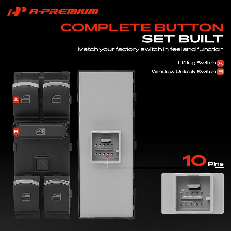 A-Premium Master Power Window Switch Compatible with Volkswagen Jetta 2011-2016, Golf 2010-2013, Tiguan 2009-2017, Passat 2012-2016, CC 2012-2017, Front Left Driver Side, Replace# 5K4959857, 5nd959857 - Image 4