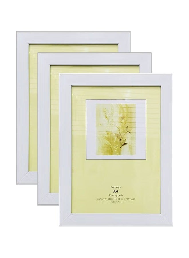طقم إطارات شهادات مقاس A4 (3 قطع)، 25×34 سم، تصميم فاخر بنقشة الخشب وزجاج حقيقي، لون أبيض، قابل للتعليق على الحائط أو العرض على الطاولة - Image 1