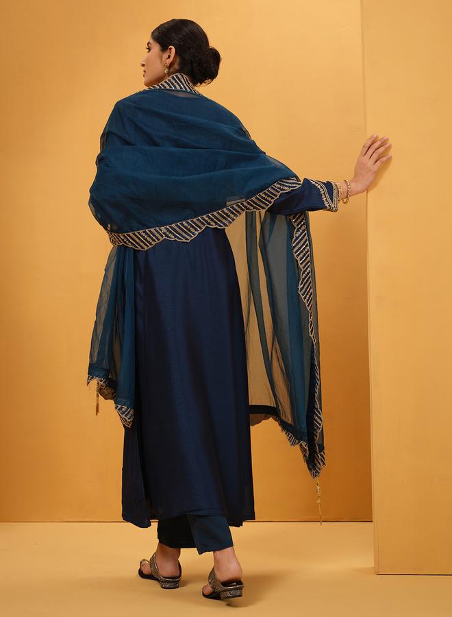 ISHIN Women's Teal Silk Blend Embellished A-Line Tunic Upperwear Calf Length Palazzo Bottomwear Flowy 3 Peice Kurta Set - Image 2