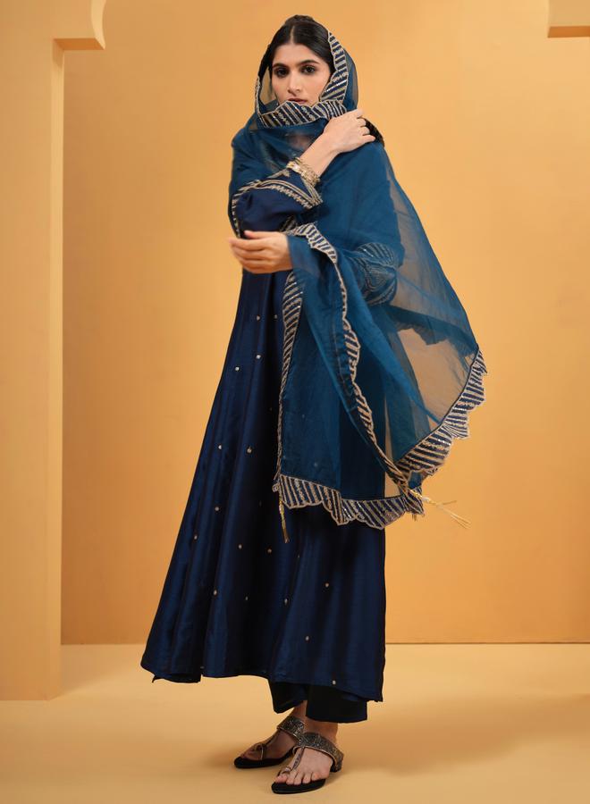 ISHIN Women's Teal Silk Blend Embellished A-Line Tunic Upperwear Calf Length Palazzo Bottomwear Flowy 3 Peice Kurta Set - Image 3