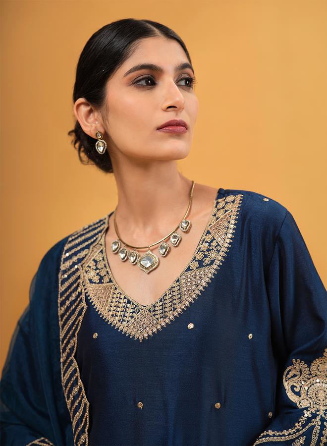 ISHIN Women's Teal Silk Blend Embellished A-Line Tunic Upperwear Calf Length Palazzo Bottomwear Flowy 3 Peice Kurta Set - Image 5