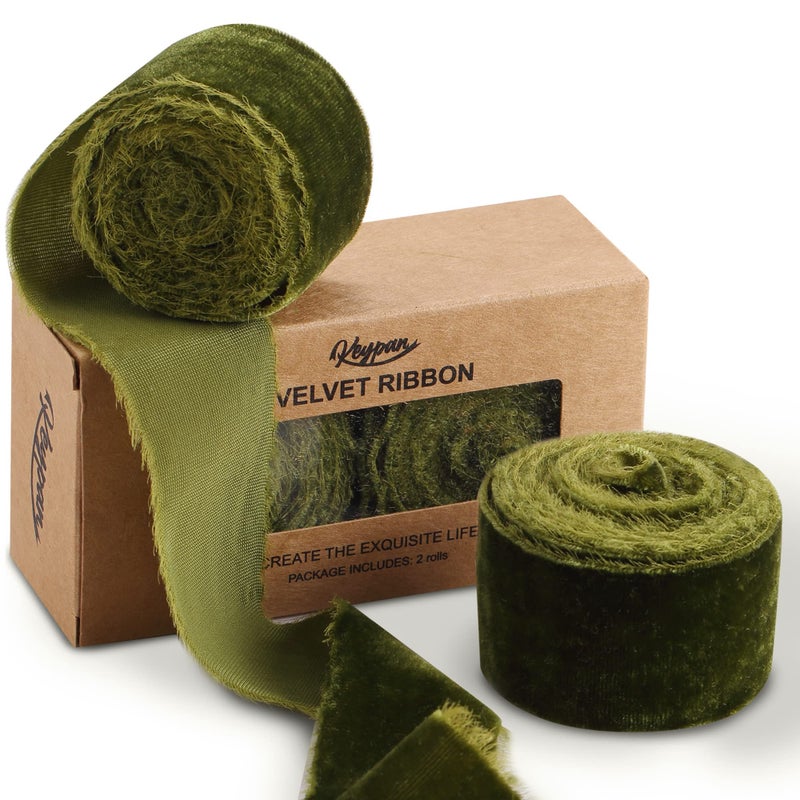 Keypan Velvet Ribbon for Gift Wrapping Olive Green Handmade Fringe Ribbons for Crafts Bouque Christmas Decorations 2 Rolls 1 12 Inch x 2 Yd 4 Yards Total