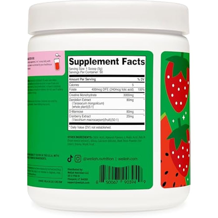 Wellah Creatine for Women (50 Servings) Strawberry Watermelon - 3g of Creatine Monohydrate Powder with Dandelion & Cranberry Extract - Image 4