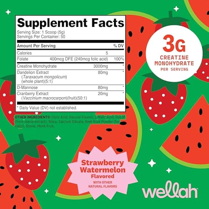 Wellah Creatine for Women (50 Servings) Strawberry Watermelon - 3g of Creatine Monohydrate Powder with Dandelion & Cranberry Extract - Image 2