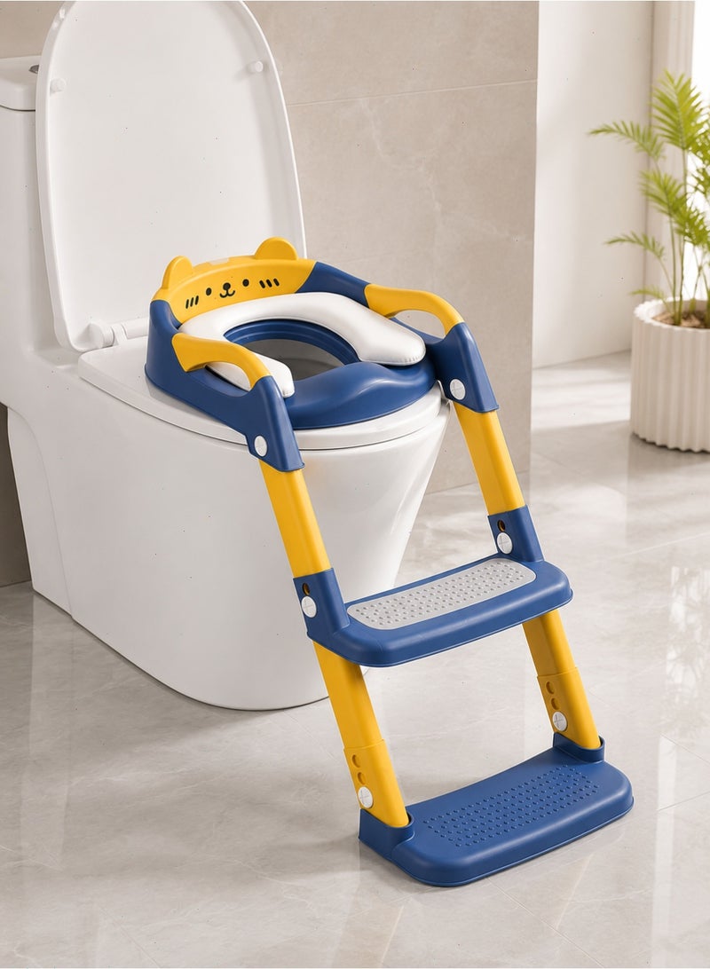 Kids Toilet Potty Training Seat with Ladder, Foldable Toddler Toilet Trainer with Soft Cushion, Adjustable Height and Anti-Slip Steps - Image 1