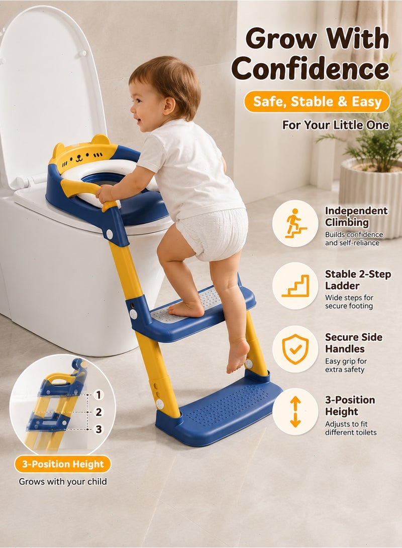 Kids Toilet Potty Training Seat with Ladder, Foldable Toddler Toilet Trainer with Soft Cushion, Adjustable Height and Anti-Slip Steps - Image 3