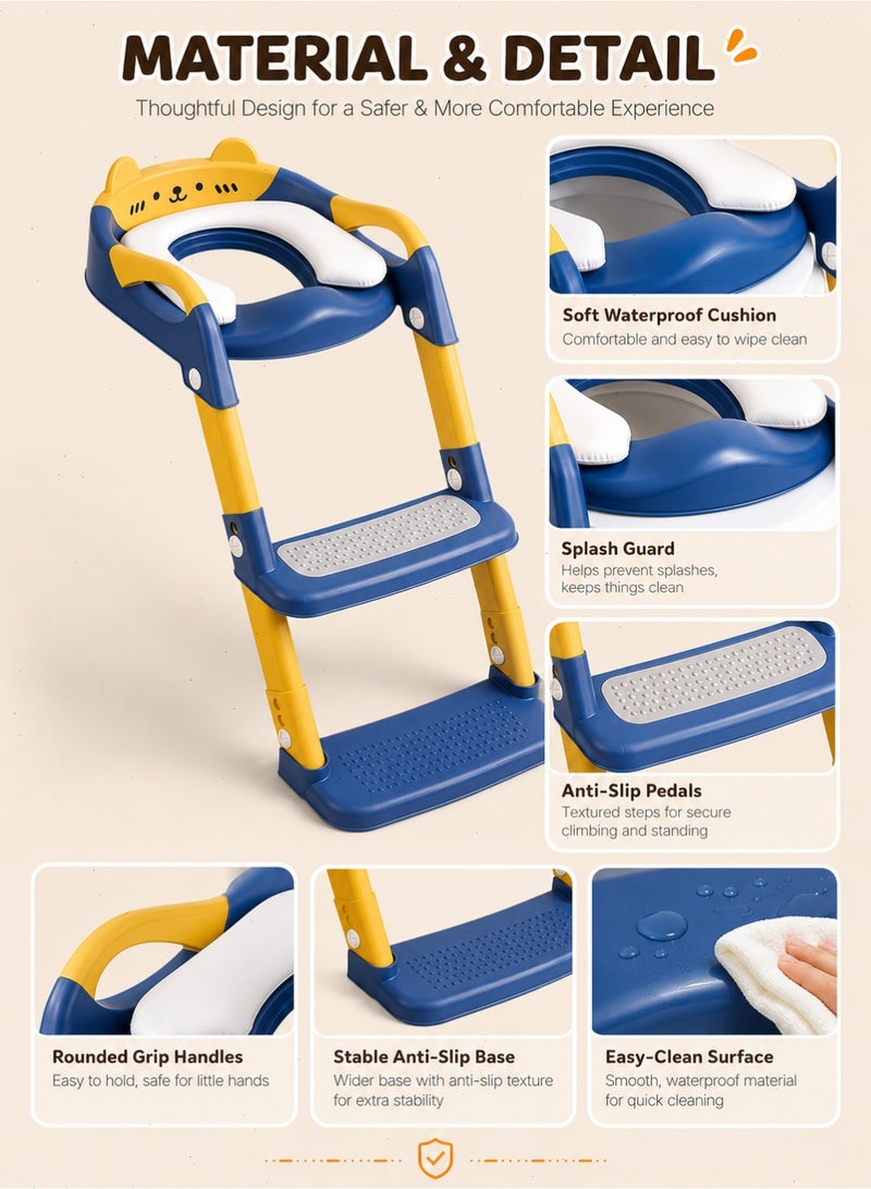 Kids Toilet Potty Training Seat with Ladder, Foldable Toddler Toilet Trainer with Soft Cushion, Adjustable Height and Anti-Slip Steps - Image 4