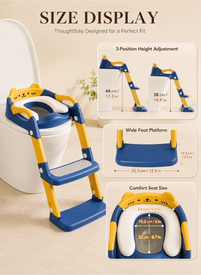 Kids Toilet Potty Training Seat with Ladder, Foldable Toddler Toilet Trainer with Soft Cushion, Adjustable Height and Anti-Slip Steps - Image 2