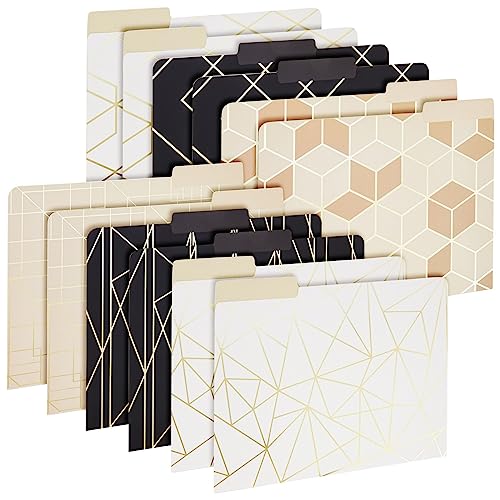 Paper Junkie مجموعة 12 من مجلدات الملفات الزخرفية الملونة بتصميم هندسي وورق ذهبي من بيبر جانكي، بحجم رسالة (9.5x11.5 بوصة) - مجلدات ملفات بقطع 1/3 للمكتب - مستلزمات مكتبية جمالية - Image 1