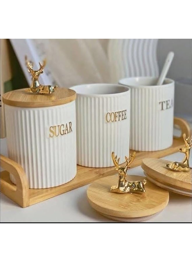 PROMASS Decorative Kitchen Canisters Set, 600ml White Porcelain Storage Jars with Gold Deer Lids, Tea Coffee Sugar Containers with Bamboo Stand, 3-Piece .A2  - Image 3