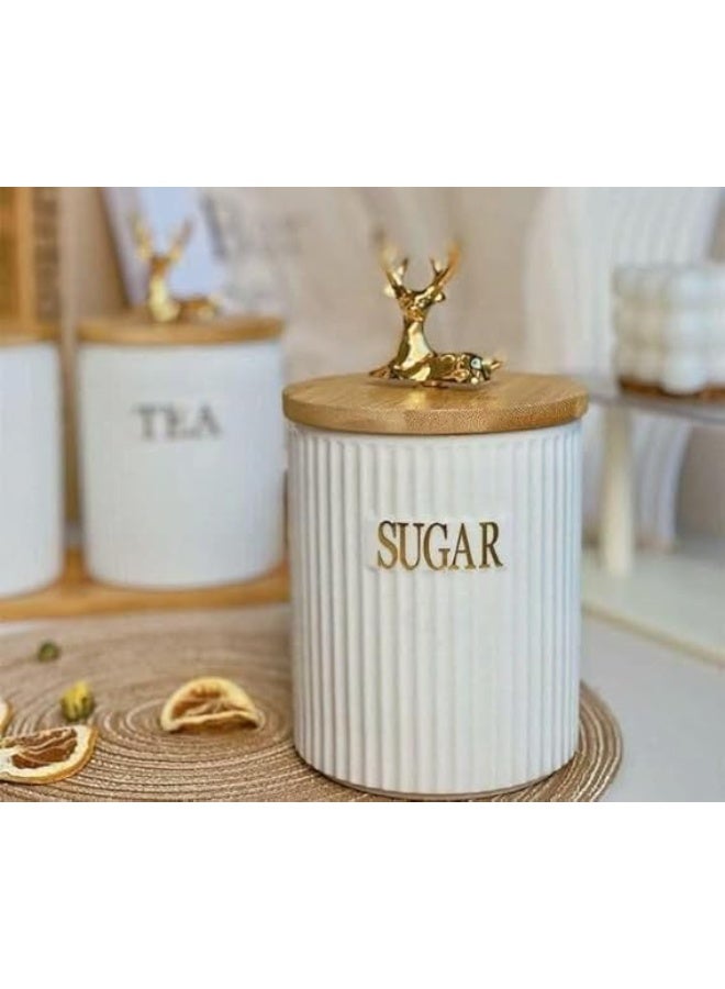 PROMASS Decorative Kitchen Canisters Set, 600ml White Porcelain Storage Jars with Gold Deer Lids, Tea Coffee Sugar Containers with Bamboo Stand, 3-Piece .A2  - Image 2