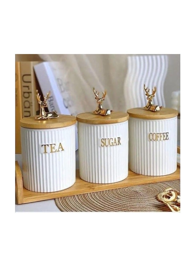 PROMASS Decorative Kitchen Canisters Set, 600ml White Porcelain Storage Jars with Gold Deer Lids, Tea Coffee Sugar Containers with Bamboo Stand, 3-Piece .A2  - Image 1