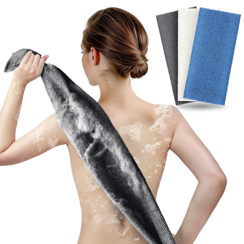 ARCH&M Exfoliating Back Scrubber & Body Washcloth (3 Pack), 35-Inch Japanese Exfoliation Towel for Shower, Deep Cleansing Nylon Beauty Cloth for Smooth Skin (Black Off-White Navy-Blue) - Image 1