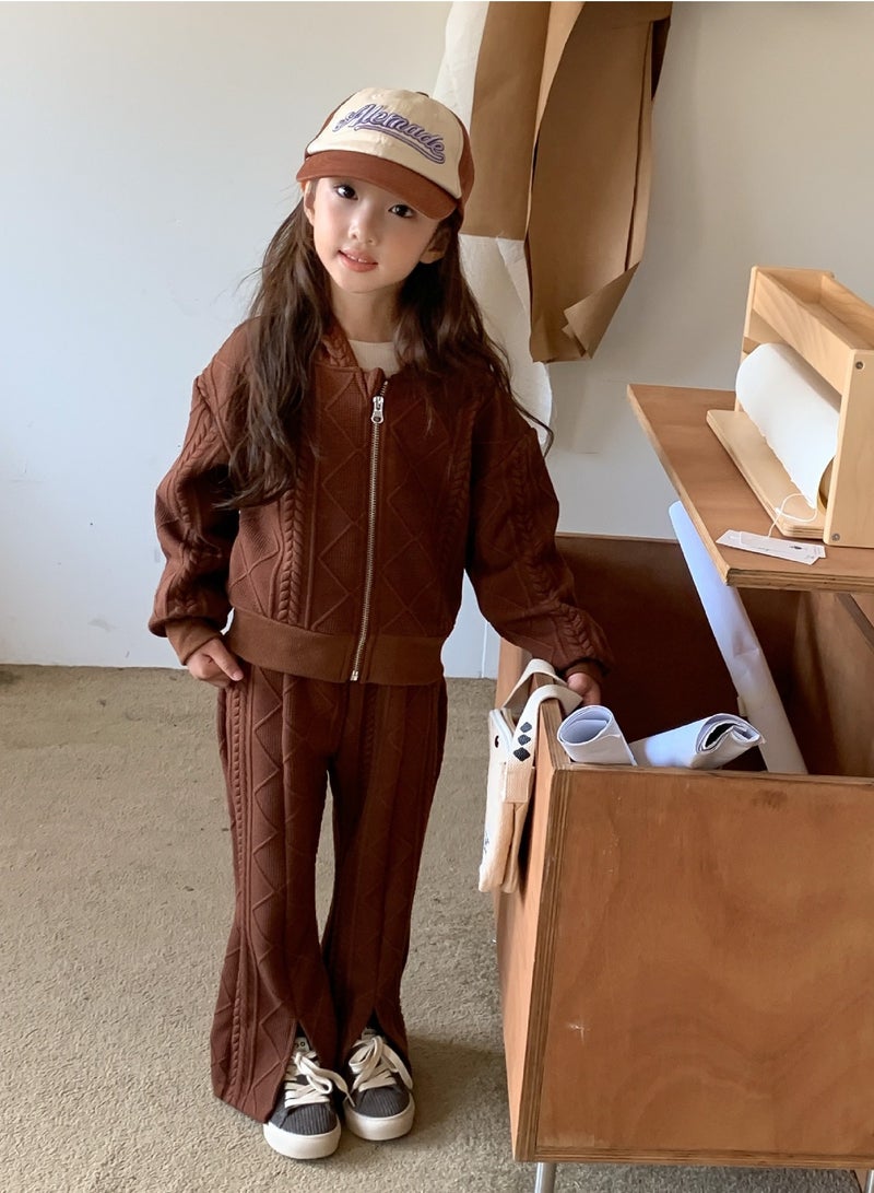 Loquat Girl's Solid Color knitted Long Sleeve Hooded Tops And Split Flared Pants Set Brown  - Image 1