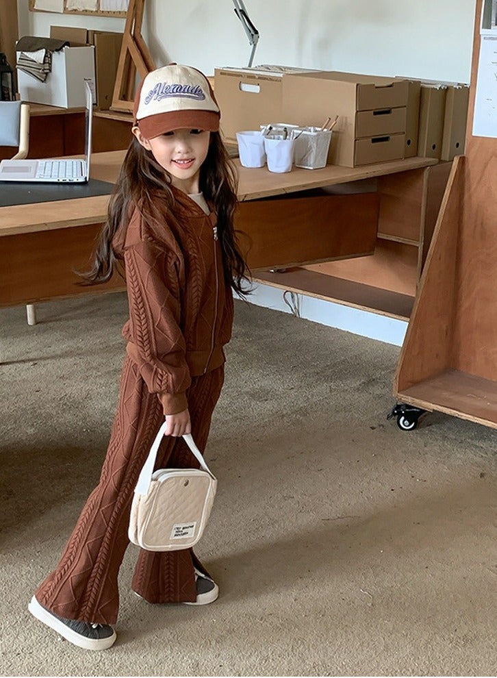 Loquat Girl's Solid Color knitted Long Sleeve Hooded Tops And Split Flared Pants Set Brown  - Image 2