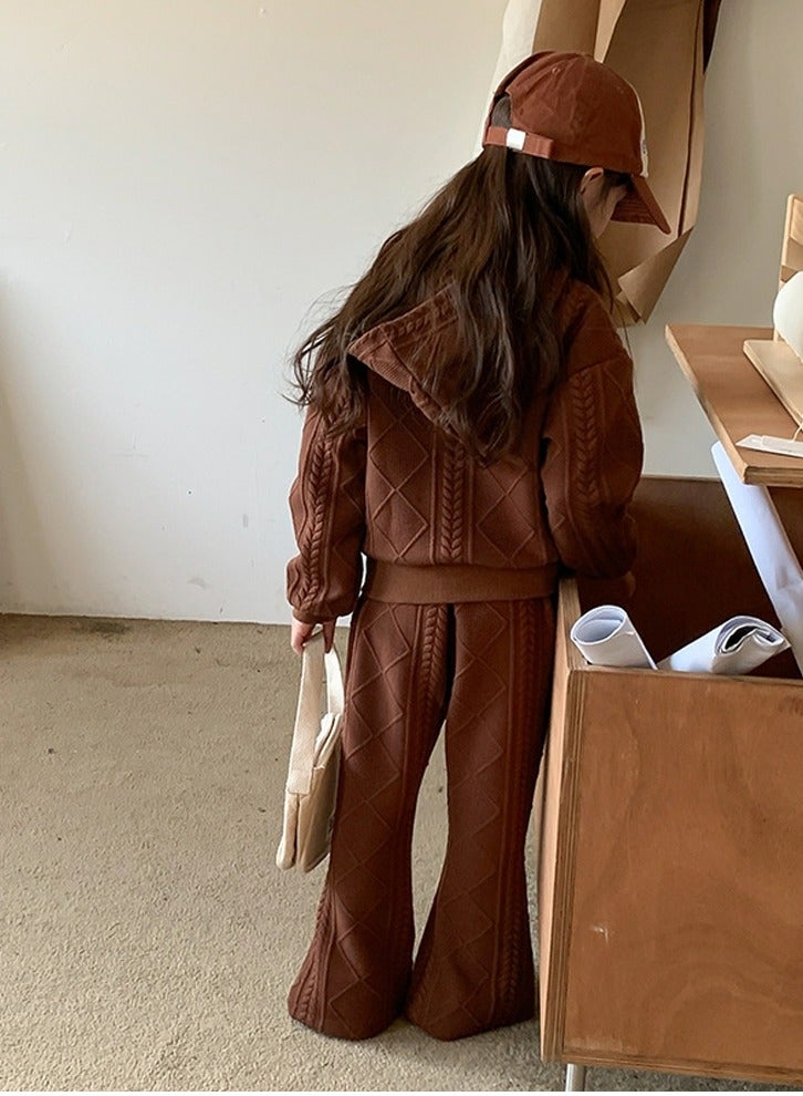 Loquat Girl's Solid Color knitted Long Sleeve Hooded Tops And Split Flared Pants Set Brown  - Image 3