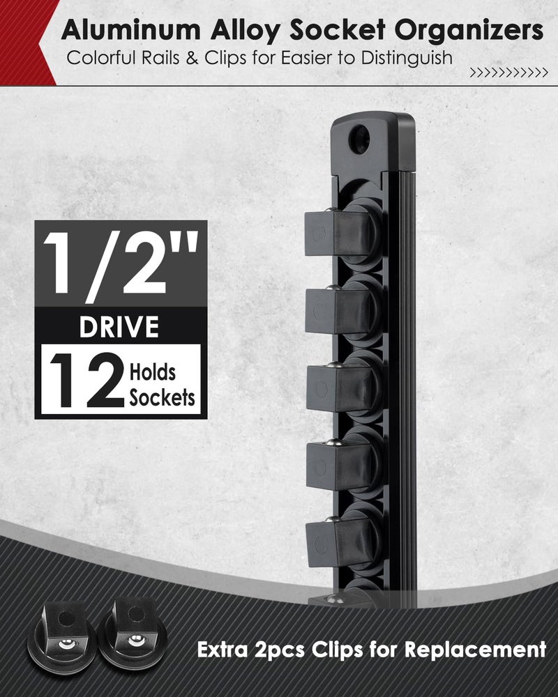 PINOZE 1/2" Magnetic Socket Holder Organizer - Aluminum Alloy Socket Rail Tray for Tool Box Drawer, Socket Rack with Extra 2Pcs Replacement Clips for Automotive Garage(Black) - Image 2