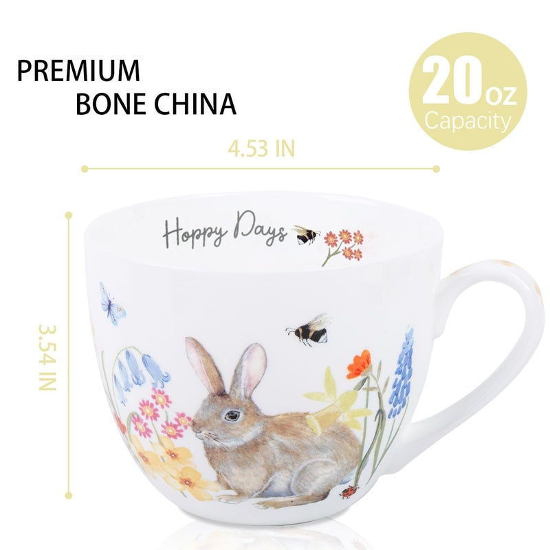 MFoffice 20 oz Easter Bunny Coffee Hug Mug, Spring Flowers & "Happy Days" Slogan, Premium Bone China Rabbit Tea Mug, Cute Easter Gift for Women, Family, Friends, Designed in England by Harvest Green Studio - Image 2