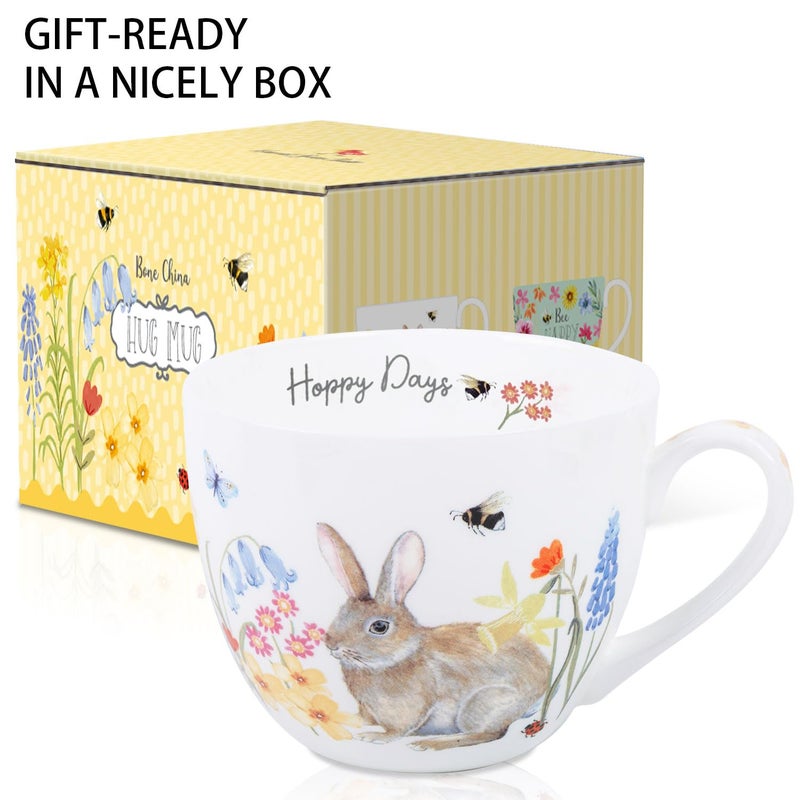 MFoffice 20 oz Easter Bunny Coffee Hug Mug, Spring Flowers & "Happy Days" Slogan, Premium Bone China Rabbit Tea Mug, Cute Easter Gift for Women, Family, Friends, Designed in England by Harvest Green Studio - Image 3