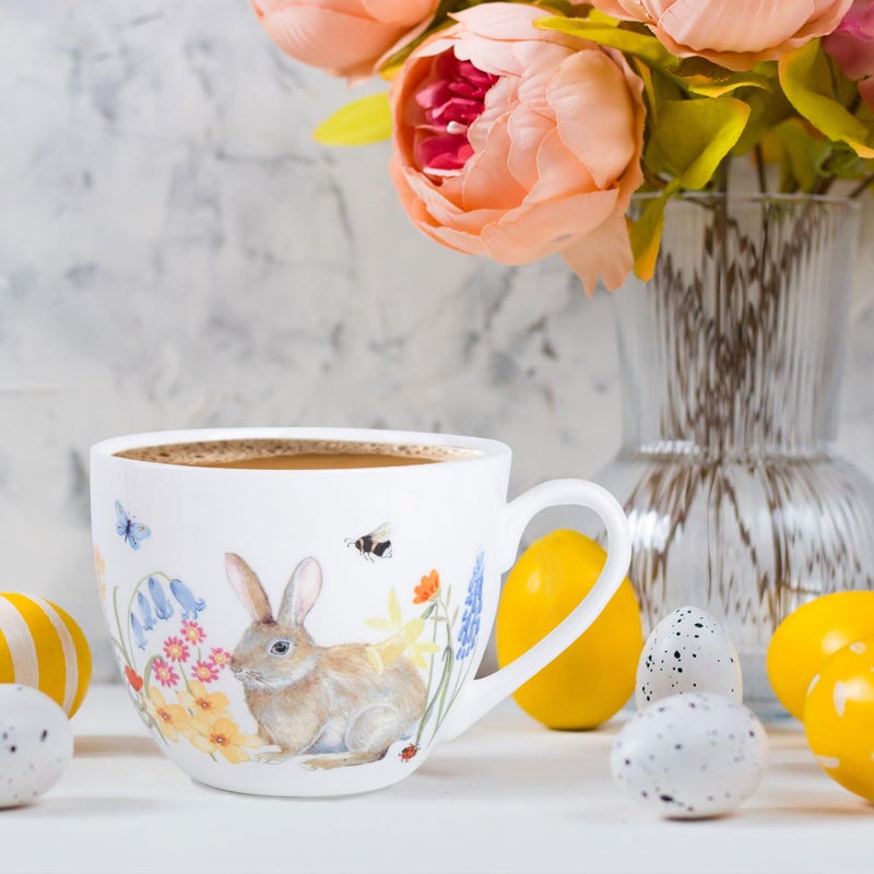 MFoffice 20 oz Easter Bunny Coffee Hug Mug, Spring Flowers & "Happy Days" Slogan, Premium Bone China Rabbit Tea Mug, Cute Easter Gift for Women, Family, Friends, Designed in England by Harvest Green Studio - Image 5