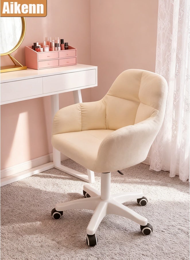 Aikenn Makeup Chair, Comfy Fluffy Swivel Modern Leisure Armchair with Wheels, Upholstered Fuzzy Height Adjustable for Teens Women Girls Elegant Home Office, White - Image 1