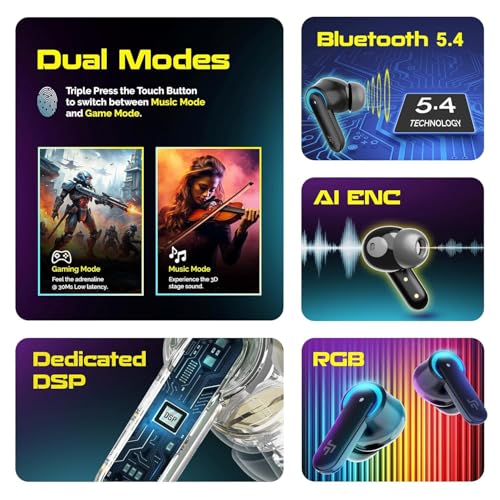 CrossBeats Fury Max Gaming TWS سماعات أذن داخلية لاسلكية | 100hr وقت تشغيل سماعات بلوتوث مع أضواء RGB | BT v5.4 | 30ms زمن استجابة منخفض | صوت محيطي 360° | صوت ثلاثي الأبعاد | 6 ميكروفونات AI ENC سماعات - Image 2
